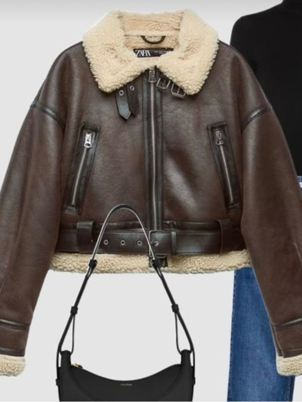 ZARA Brown Double-Faced Faux Shearling Trim Short Aviator Jacket - S - Picture 3 of 8